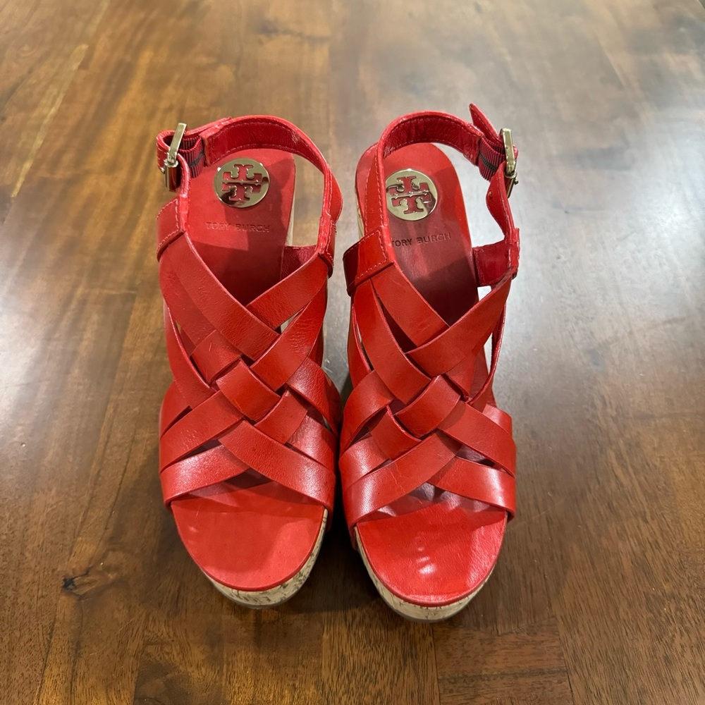Tory Burch Red Leather Cork Wedge Sandals - Picture 2 of 11